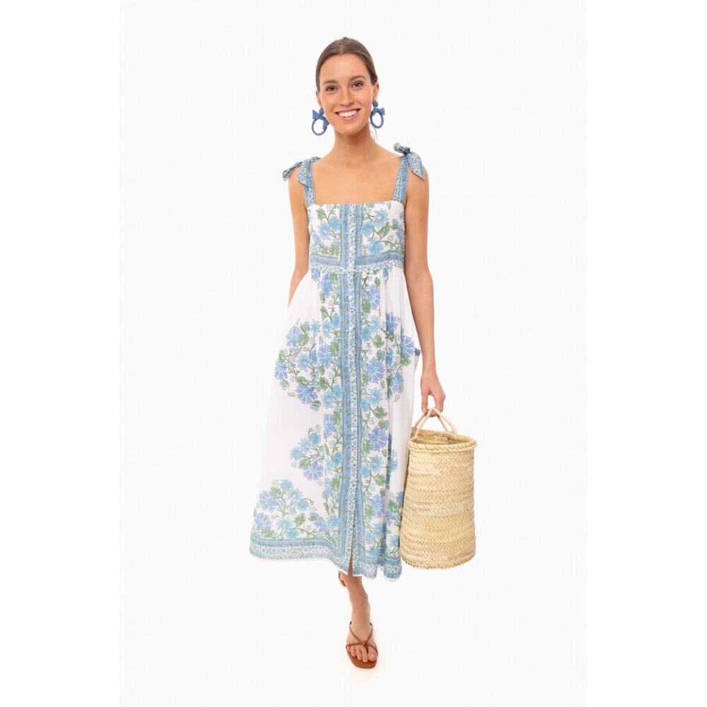 Juliet Dunn Tuckernuck Blue Rose Border Tie Shoulder Midi Button Cotton Dress